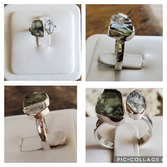 Genuine Czech Moldavite and Herkimer Diamond Ring Size 6 Adjustable - Picture 3 of 8